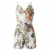 TSWRK Jumpsuit Blumen Damen Sommer: Beige Jumpsuit V Ausschnitt Overall Blumen Ärmellos Playsuit Split kurze Hosenanzug Romper Sommer