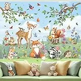 decalmile Fensterbilder Kinderzimmer Fensteraufkleber Waldtiere Fenster Abziehbilder Hirsche Fuchs Hase Eichhörnchen Baum Zweige Fenstersticker Wiederverwendbar Glasaufkleber Fensterdeko