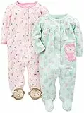 Simple Joys by Carter's Baby Mädchen Schlaf- und Spielanzug aus Baumwolle mit Füßen und Druckknöpfen, 2er-Pack, Minzgrün Eules/Rosa Affe, 0-3 Monate