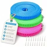 3er Pack Tragbare Wäscheleine für Zuhause und Outdoor, Winddichte rutschfeste Verstellbare Nylon-Wäscheleine mit 36 Clips und Haken, für Camping, Reisen, Innen- und Außenbereich (Mischfarben, 8m)