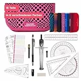CALCUSO GEOMETRIE SET PRO in pinker Federmappe/Federmäppchen mit Zirkel und Geodreieck - Praktisches Mäppchen für Schule, Uni, Büro und Zeichnungen - Ideal als Geometrie-Set für die Schule