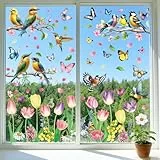 inreeme Fensterbilder Frühling Selbstklebende Frühlingsdeko - 9 Bögen Aquarell Fenstersticker Fensteraufkleber mit Blumen und Vögeln, Widerverwendbare Statische Fensterdeko für Frühling Sommer