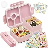 Bugucat Brotdose Kinder mit Fächern 1300ML, Auslaufsicher Lunchbox Kinder mit 16 Aufkleber, Bento Box mit Besteckset, Brotdose Vesperdose Frühstücksbox für Mädchen & Jungen,Rosa