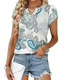 WNEEDU Tshirt Damen Sommer V Ausschnitt Top Kurzarm Freizeit Bluse Blütenblatt Ärmel Oberteile mit Eyelet-Stickerei Boho Floral Blau XL