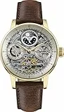 Ingersoll The Jazz 42 mm Automatik-Mondphasenuhr für Herren mit hellgoldenem Skeleton-Zifferblatt und Braunem Echtlederarmband I07704
