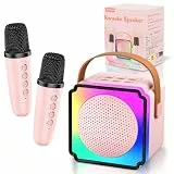 Anykuu Tragbare Karaoke Maschine Kinder Mini Karaoke Maschine mit 2 Mikrofonen Unterstützt Drahtlose Verbindung/TF/AUX/USB LED Karaoke Maschine Perfekt für Zuhause Camping Party & als Geschenk