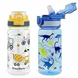wooshwa Trinkflasche mit Strohhalm 480ml Auslaufsicher Sport Trinkflaschen Wasserflasche zum Wandern & Fitnessstudio mit Tragegriff BPA-frei - Bagger & Dinosaurier