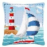 Vervaco Kreuzstich Stickpackungen Kissen Stickerei Set Anfänger Vorgedruckt Leuchtturm & Segelboot DIY Set Kreativ Set Für Erwachseneca. 40 x 40 cm Bastelset Handwerker Haus Dekoration