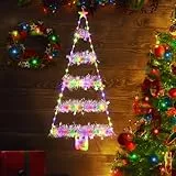 Geemoo Weihnachtsbeleuchtung Außen Batterie, 81cm Weihnachtsbaum Leiter Lichterkette mit Lametta Girlande, Timer, 8 Modi, Bunt Fensterlicht für Innen, Fenster, Party, Hochzeit, Tür, Weihnachtsdeko