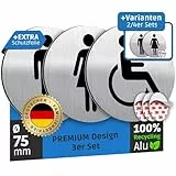 SCHILDERBOXX® Toilettenschild Selbstklebend - 3er Set Damen Herren Behinderten WC [Ø75mm, 100% Alu, 3M Tape] - Türschild Toilette Aufkleber für Behindertentoilette