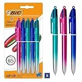 BIC 4 Colours Smooth Druckkugelschreiber mit mittlerer Spitze (1,00 mm) mit blau, blaugrün und pink schillernden Schäften – verschiedene Tintenfarben, Packung à 5