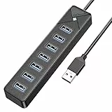 GiGimundo PG7U USB Hub 3.0, 7-Port USB Verteiler, 15CM Kurz Kabel mit 5V/3A Stromeingang, Mehrfach USB Stecker für PC Laptop, älteres MacBook, PS4, PS5, Flash Drive, Tastatur, Maus, GGM-PG7U-U3-015-BK