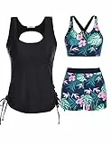 JASAMBAC Tankini GroßE GrößEn,Badeanzug Damen Bauchweg.3-Teiliger Bikini Damen Set,Push-Up-Bikinioberteil Und High Waist Badeshorts, Einfache Badebekleidung, Sport-BadeanzüGe