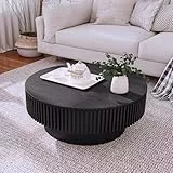 FammyLoft Couchtisch mit Stauraum, Modern Round CoffeeTable mit Fluted Design, Klein Kaffeetisch für Kid & Pet Friendly, Sofa Tisch, Center für Wohnzimmer/Balkon/Schlafzimmer, 75cm, Schwarz