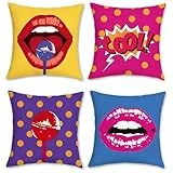 Bonhause 4er Set Kissenbezüge Pop Art 45 x 45 cm Lippen Polka Dot Samt Soft Dekorative Kissenhülle Zierkissenbezüge für Sofa Schlafzimmer Wohnzimmer Auto Zuhause Dekoration