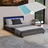 Juskys Polsterbett Paris 140x200 cm mit LED Beleuchtung, Matratze, Lattenrost & Kopfteil - Kunstleder & Holz - schwarz - Bett Jugendbett Bettgestell