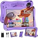 SUAAT 2026 Neueste Android 15 Kinder Tablet 9 Zoll, 12 RAM+32GB ROM/TF 2TB, 5G+2.4G WLAN, 8-Core, 1340 * 800, 5000mAh, Type-C,Kindersicherung,BT 5.0, Kinder Tablet Mit Eva-Hülle - Lila