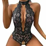 Sexy Dessous Set Damen mit Strümpfen Spitzen Negligee Babydoll Tief V-Ausschnitt Halter Erotische Reizwäsche Transparent Blumenmuster Nachtwäsche für Hochzeitsnacht Valentinstag (Schwarz, M)