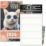 Familienkalender 2026 5 Spalten LUSTIGE TIERE Familienplaner 2026 mit STICKER Urlaub Recycling Ferien Wandplaner 2026 Wandkalender 23 x 43cm inkl. Okt-Dez 2025, Pflanzkalender, Katze Hund witzig