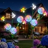 Qoosea 2 Stück Solarlampen für Außen Garten, LED Solarleuchten Löwenzahnblüten und Schmetterling mit Wasserdichte Solarpanel, Solarlichter für Balkon Bereich Terrasse Gehweg Hof Weihnachtsdeko