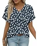 PLOKNRD Damen Lockere Passform V-Ausschnitt T-Shirt mit Rollärmeln Sommer Casual Tops Kurzarm Oberteile Marine Blumenmuster XXL FBA