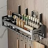Tielag Gewürzregal Wand, Küchenregal Hängend Ohne Bohren, Wandregal Küche, 50×13.4×12CM Gewürz Organizer Metall, Gewürzhalter mit Haken und 2 Utensilienhalter, Handtuchhalter, Messerhalter, Grau