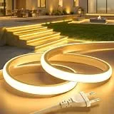 Lamomo COB LED Streifen 20M, Aussenbereich 3000K Warmweiss LED Leiste, Wasserdicht Silikon Neon Led Strip 5760 leds, CRI 95+, Flexibel, 10mm Breit, 220V Direktstecker für Outdoor Garten Gewerbedekor