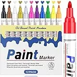 Permanent Marker Wasserfeste Stifte set: 12 Farben zum Steine Bemalen Permanent Marker Bunt Glasstift Lackstifte für Karton, Kunststoff, Holz, Metall,Keramik Tasse,Reifen