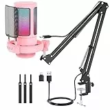 NJSJ Gaming Mikrofon PC mit Arm, USB Microphone für MAC PS4 PS5 mit Stummschalttaste, Kopfhöreranschluss, Popfilter, Nierenkondensatormikrofon für Podcast Streaming (Rosa-mit Auslegerarm)