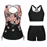 JASAMBAC Tankini Damen Set,3-Teiliger Bikini Damen Bauchweg,Push-Up-Bikinioberteil Und High Waist Badeshorts,Einfache Badebekleidung,Damen-Sport-Badeanzug,Badebekleidung für Schwimmbad,Strand