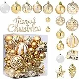 Weihnachtskugeln, 65 Stücke Christbaumkugeln Kunststoff, Weihnachtsdekoration Kugeln, Weihnachtskugeln Gold Blau, Weihnachtsbaum Deko Christbaumschmuck，Enthält die Worte Merry Christmas-Gold