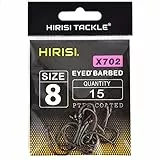 Hirisi X702 Angelhaken Größe 8 mit Widerhaken Karpfenhaken mit Öse zum Karpfenangeln, Kohlenstoffstahl, Boiliehaken Ansitzangeln, Verschiedene Größen, 1er Pack (15 Stück)