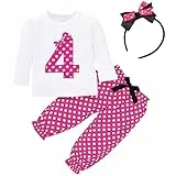 FYMNSI Baby Kleinkinder Mädchen 4. Vierter Geburtstag Outfit Retro Gepunktet Baumwolle Langarm Top T Shirt Lange Hosen Stirnband 3tlg Fotoshooting Casual Herbst Bekleidungsset Rose 3-4 Jahre