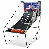 GYMAX Automat Basketballkorb, faltbar Elektronische Basketballspiel mit 8 Spieleinstellungen & elektronischer Anzeigetafel, Schießmaschine inkl. 4 Bällen & 2 Fangkörben (Blau)