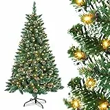 Aufun Künstlicher Weihnachtsbaum Tannenbaum mit Beleuchtung 180 LED warm-weiß inkl. Metallständer 367 Spitzen, PVC Christbaum für Weihnachten-Dekoration (120cm, Schnee-Effekt+Kiefernzapfen+LED)
