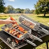 JUAUO 2-Stück Grillzubehör, Seitlicher Öffnung Zylindrischer Rotierender Grillkorb Set mit Edelstahl Griff, Praktisches Geschenke für Grillliebhaber, für Gemüse, Fleisch, Meeresfrüchte am Außengrill