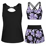 JASAMBAC Tankini Damen Bauchweg, 3 teilig Badeanzug,Sport Bademode，Push Up Bikini Oberteil Und High Waist Badeshorts,Verstellbare Badebekleidung, Modest Schwimmanzug Komfort Strandmode