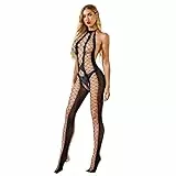 KeyinBox Sexy Dessous Damen für reizwäsche Sex Damen Bodystocking Neckholder Rückenfrei Catsuit Ouvert Schwarz Sexy Unterwäsche Pyjama aus Seide Strümpfe