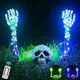 Maxee Halloween Leuchtende Skelett Totenkopf Set, 1 Totenkopf & 2 Schädel Hände mit 3M Lichterkette & Fernbedienung(8 Modi & Timer), 2 Violett Lichterketten (3 Modi), Halloween Deko für Draußen Garten