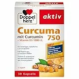 Doppelherz Curcuma 750 mit Curcumin + Vitamin D3 1000 I.E. – mit Vitamin D als Beitrag für die normale Funktion des Immunsystems – 1 x 30 Kapseln