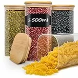 Withosent 1,5L Vorratsdosen Glas Set, 4er Vorratsgläser mit Deckel Eckig, Glasbehälter Vorratsglas Holzdeckel, Aufbewahrungsgläser Küche für Nudeln, Müsli, Bohnen, Cornflakes