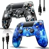 2er-Pack Kabelloser Controller für PS4, Multi-Plattform Controller kompatibel mit PS4/Pro/Slim/PC/iOS/Android/MacOS, mit Dual-Vibration/3,5-mm-Audio-Buchse/empfindlichem Touchpad (Blau & Schädel)