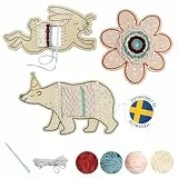 Micki Webrahmen für Kinder, Bastelset Kindergeburtstag, aus Holz mit 3 Figuren (Bär, Hase und Blume), Holzwebrahmen mit stumpfer Nadel und 4 Garnen, DIY Set Kinder, Webstuhl, 5 x 230 x 150 mm