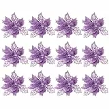 DEARMAMY 12 Stück Künstlicher Weihnachtsstern Mit Glitzer Lila Hohle Blumen Für Weihnachtsbaum Hochzeit Party Kranz Girlande DIY
