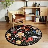 Nyescasa Runder Teppich Blumen Boho Waschbar rutschfest Vintage Floral Kurzflor Teppich Wohnzimmer Weich Modern für Schlafzimmer Esszimmer Küche Flur Innen Rund 100cm Schwarz