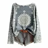 Generisch Strickpullover Damen Boho Vintage Rundhals Pullover Floral Print Herbst Winter Elegant Pulli Langarm Warm Bequem Große Größen für Frauen Grau L