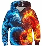kids4ever Jungen Pullover 3D Hoodie Realistische Wasser Feuer Drache Druck Kapuzenpullover Herbst Winter Pulli Sweatshirts mit Tasche 8-11 Jahre
