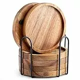 WLWNWFT Untersetzer Holz Rund für Gläser 6er Set, Untersetzer aus Akazienholz mit Halter, Glasuntersetzer für Getränke, Bar, Tassen, Glas