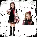 Shinybox Halloween Kostüm Mädchen Clown, Horror Clown Outfits mit Halloween-Gesichtsaufkleber, Rot Weiß Gestreift Böser Kostüm, Gruseliges Narrenkostüm für Karneval Party Cosplay(L)