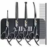 CIICII Hundeschere, 7 Zoll Profi Fellschere Hunde Set mit Runder Sicherheitsspitze (Katzen Hundepflege Effilierschere & Gebogene & Gerade Haarschere) für Fellpflege Hund Katze Haustier (Schwarz)